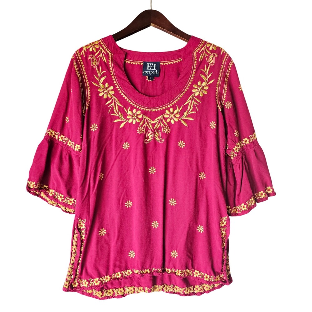 Escapada Embroidered‎ Top Small Magenta Gold Floral Peasant Blouse Bell Sleeve